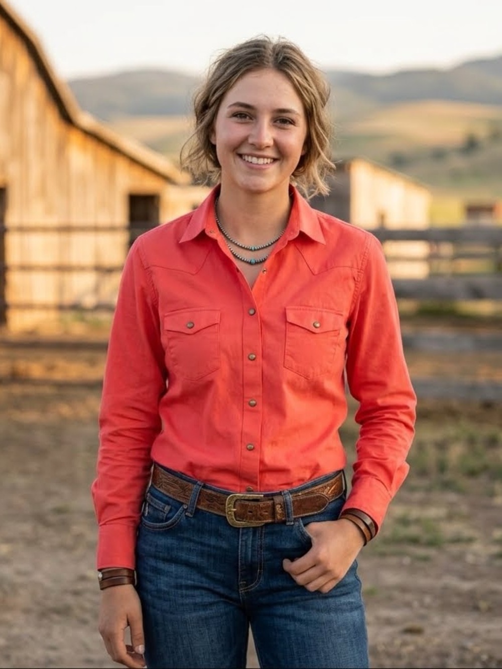Panhandle Slim Western Ladies Cowgirl Shirt Orange Pearl Snap Size Med Cotton